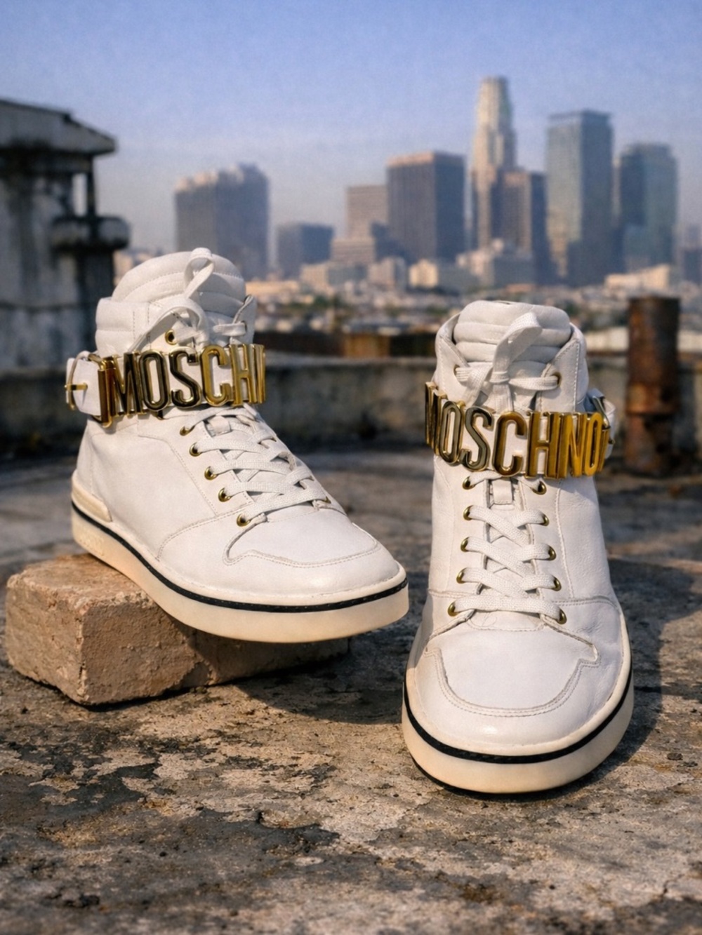 Moschino White Gold Logo High Top Sneakers Made in Italy Size 12 / EU 45